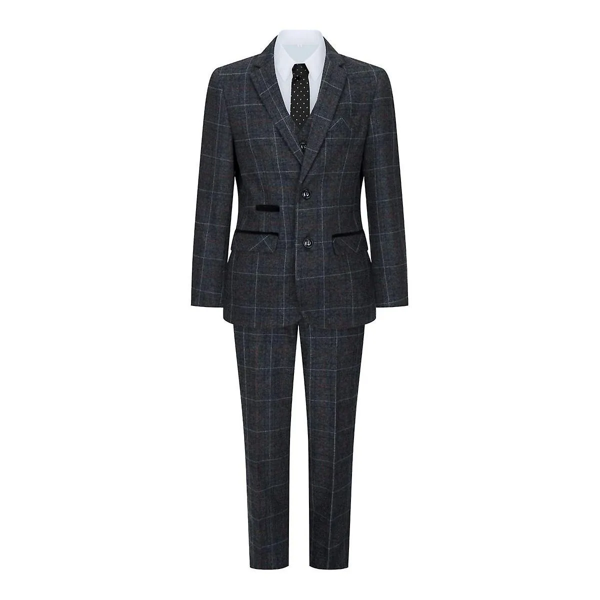 Boys 3 Piece Charcoal Grey Tweed Check Vintage Suit