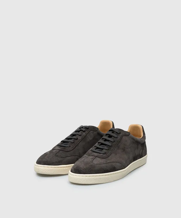 Brunello Cucinelli Brown suede sneakers with logo emblem print