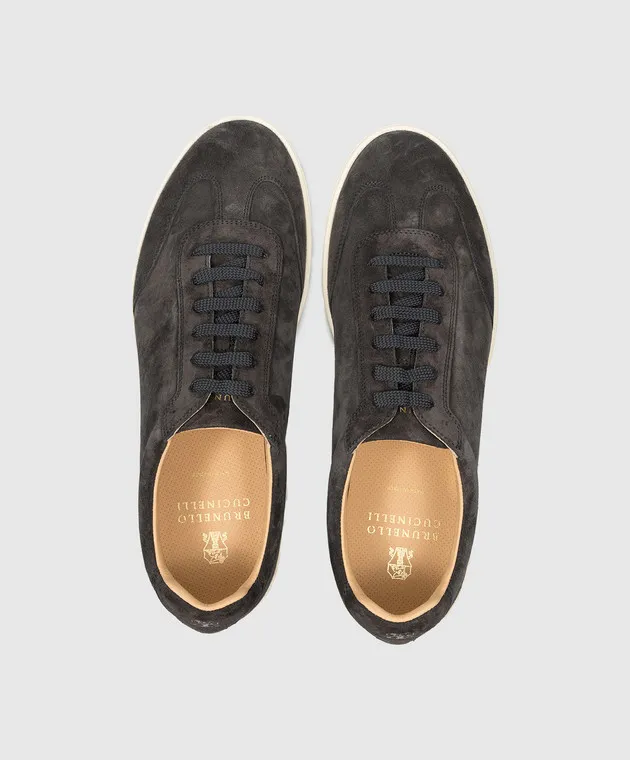 Brunello Cucinelli Brown suede sneakers with logo emblem print