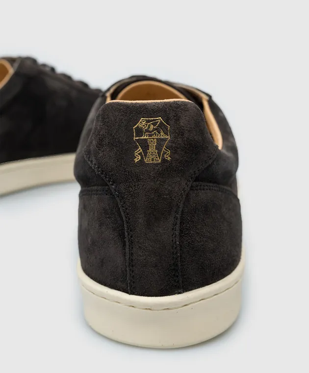 Brunello Cucinelli Brown suede sneakers with logo emblem print