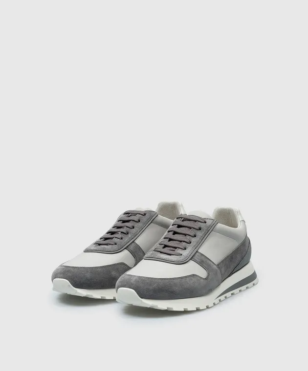 Brunello Cucinelli Gray leather sneakers with a logo emblem print