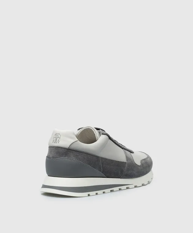 Brunello Cucinelli Gray leather sneakers with a logo emblem print