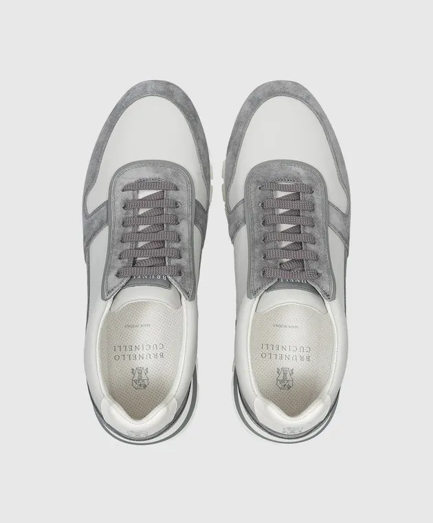 Brunello Cucinelli Gray leather sneakers with a logo emblem print