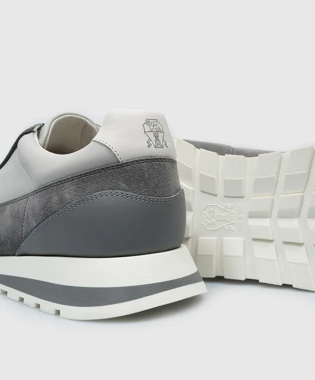 Brunello Cucinelli Gray leather sneakers with a logo emblem print