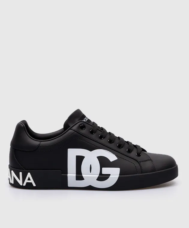 Dolce&Gabbana Black leather PORTOFINO sneakers with textured logo