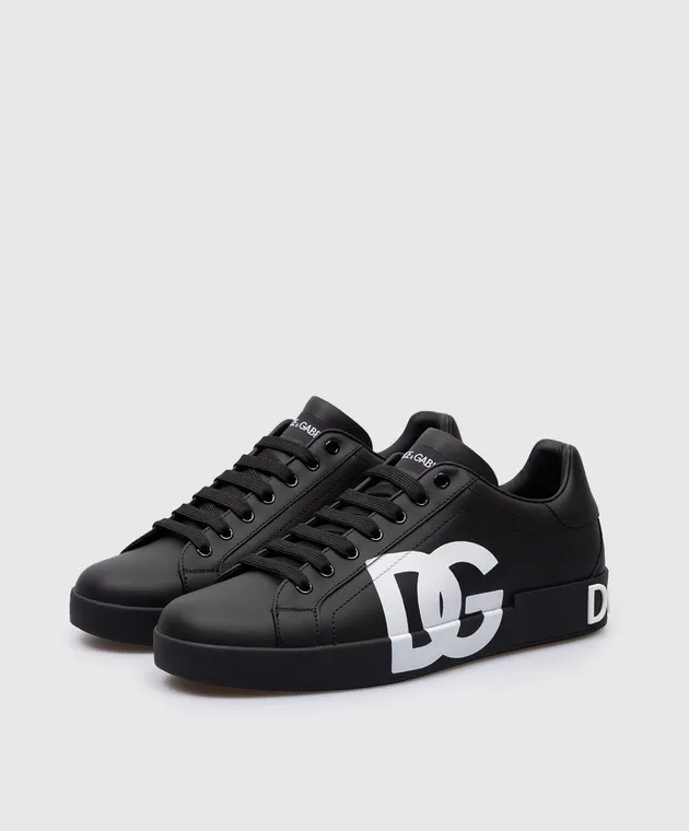 Dolce&Gabbana Black leather PORTOFINO sneakers with textured logo