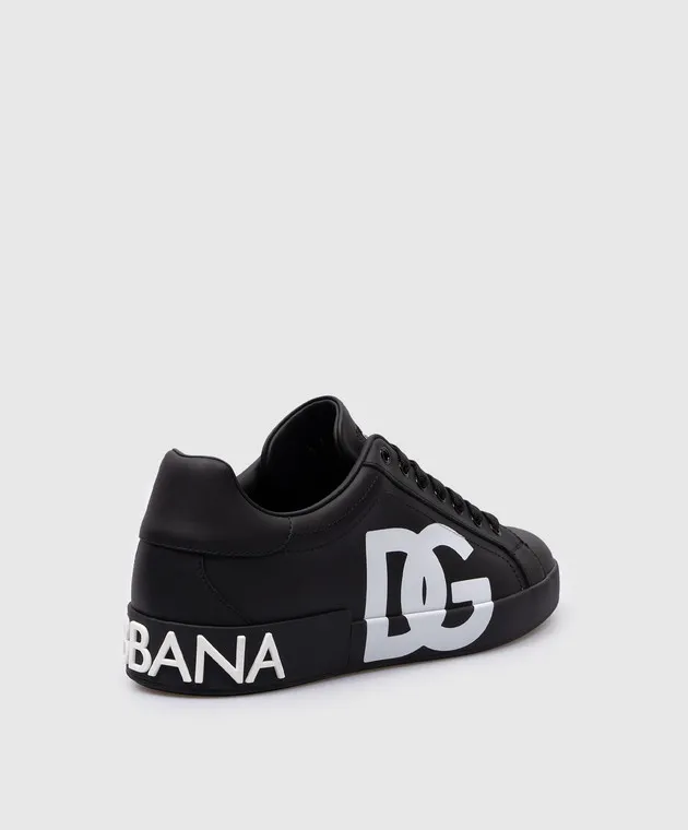 Dolce&Gabbana Black leather PORTOFINO sneakers with textured logo