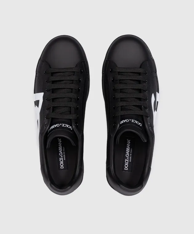 Dolce&Gabbana Black leather PORTOFINO sneakers with textured logo