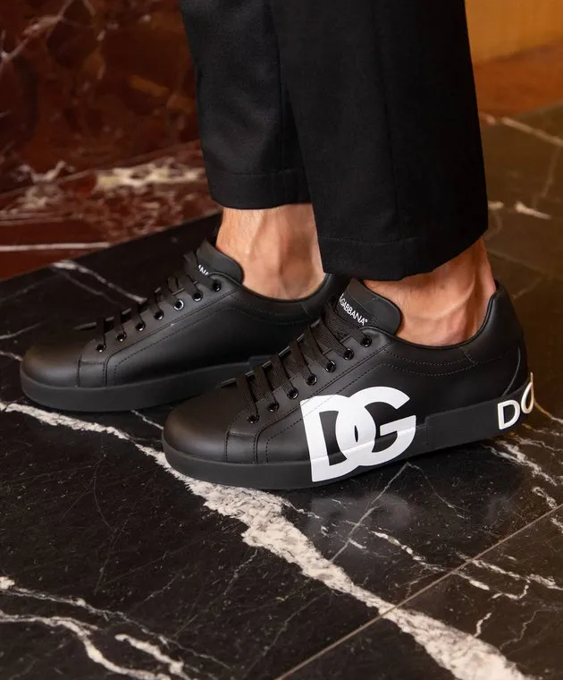 Dolce&Gabbana Black leather PORTOFINO sneakers with textured logo