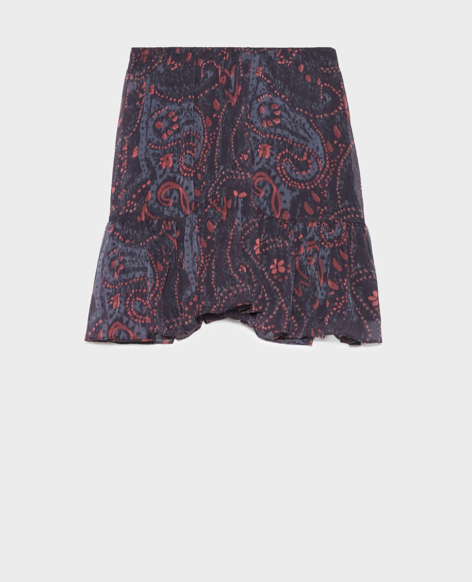 Falda corta fluida de paño print ikat navy