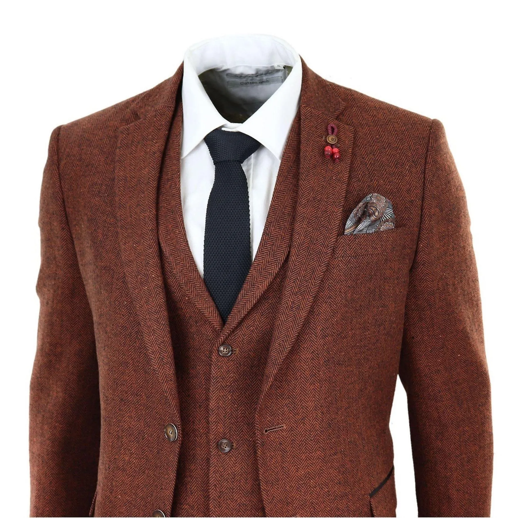 Men's 3 Piece Tweed Suit Herringbone Wool Vintage Retro Fit