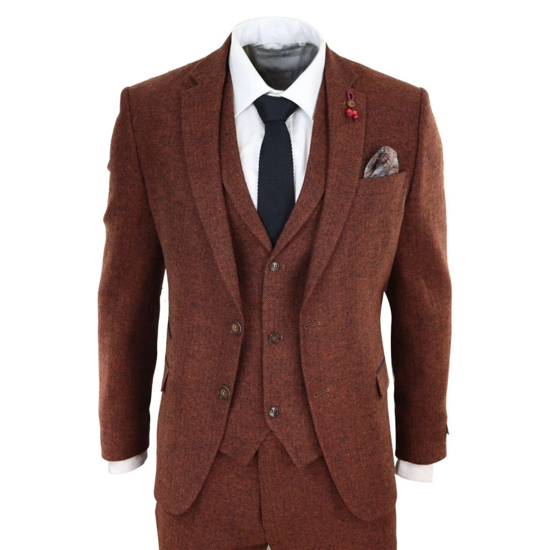 Men's 3 Piece Tweed Suit Herringbone Wool Vintage Retro Fit