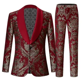 Men's Suit  Red Jacquard One Buckle In A Single Row Suit