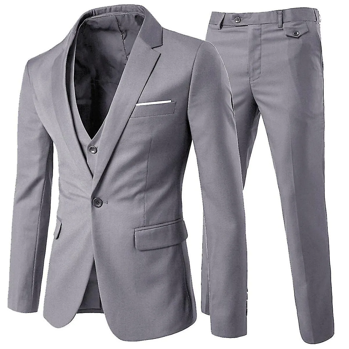 Mens 3 Piece 1 Button Solid Color Slim Suit Set For Wedding Or Business