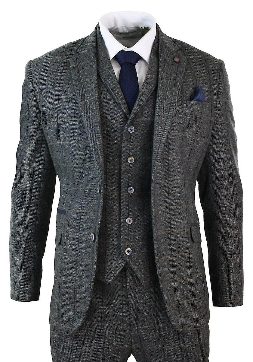 Mens 3 Piece Charcoal Grey Check Tweed Herringbone Vintage Suit