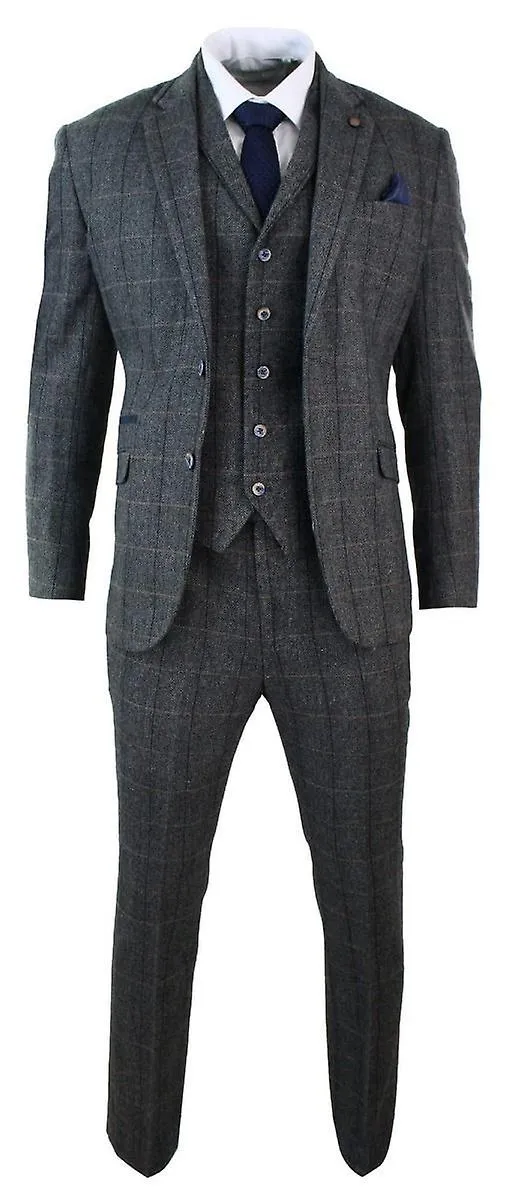 Mens 3 Piece Charcoal Grey Check Tweed Herringbone Vintage Suit