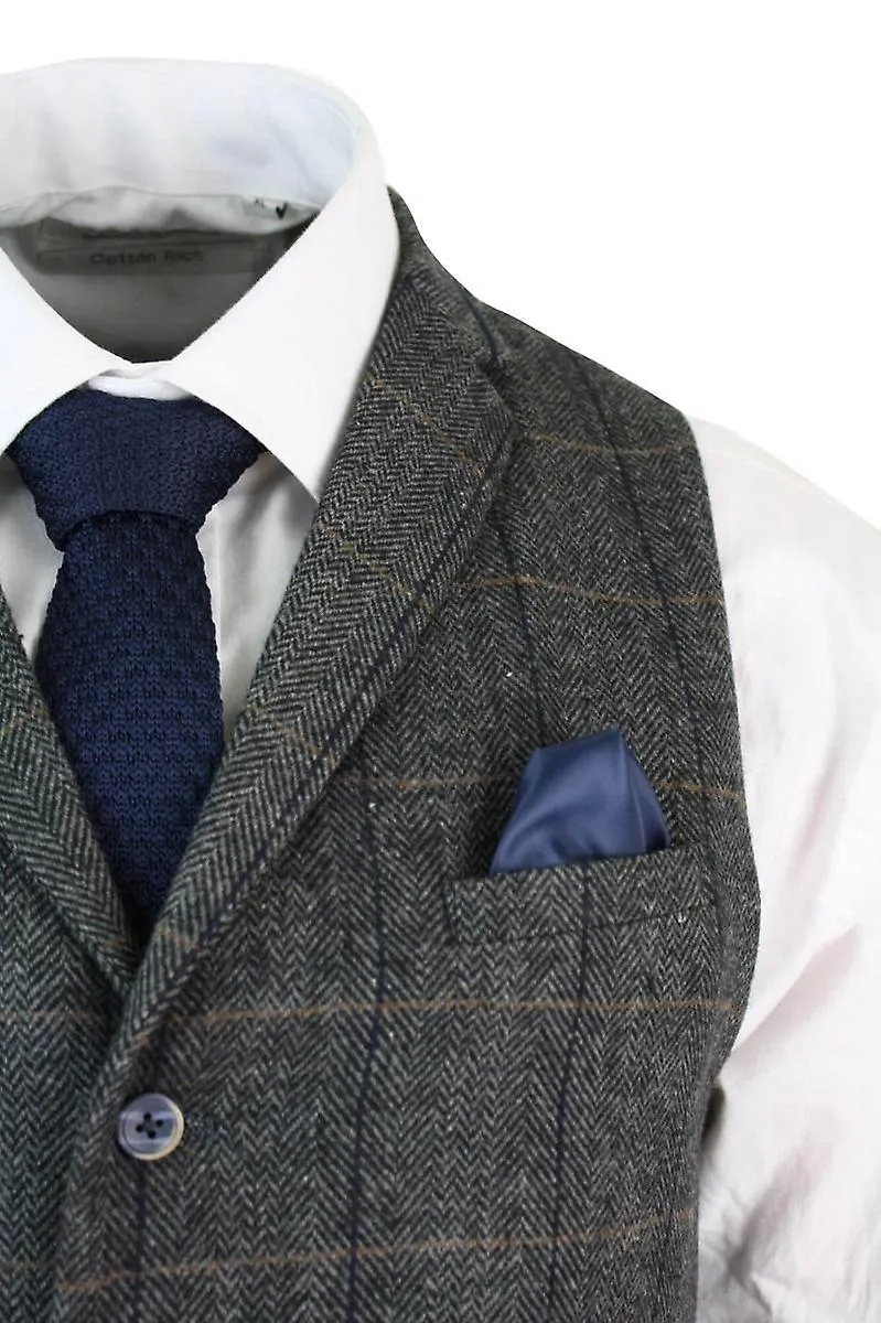 Mens 3 Piece Charcoal Grey Check Tweed Herringbone Vintage Suit