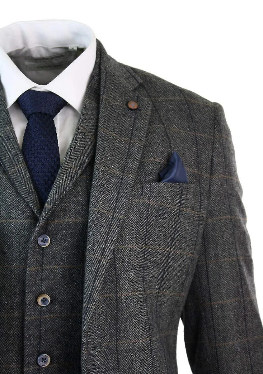 Mens 3 Piece Charcoal Grey Check Tweed Herringbone Vintage Suit