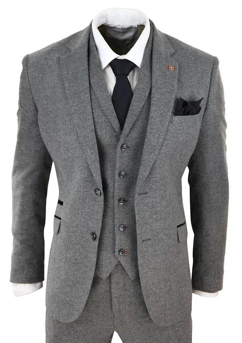 Mens 3 Piece Dark Grey Herringbone Wool Tweed Retro Suit