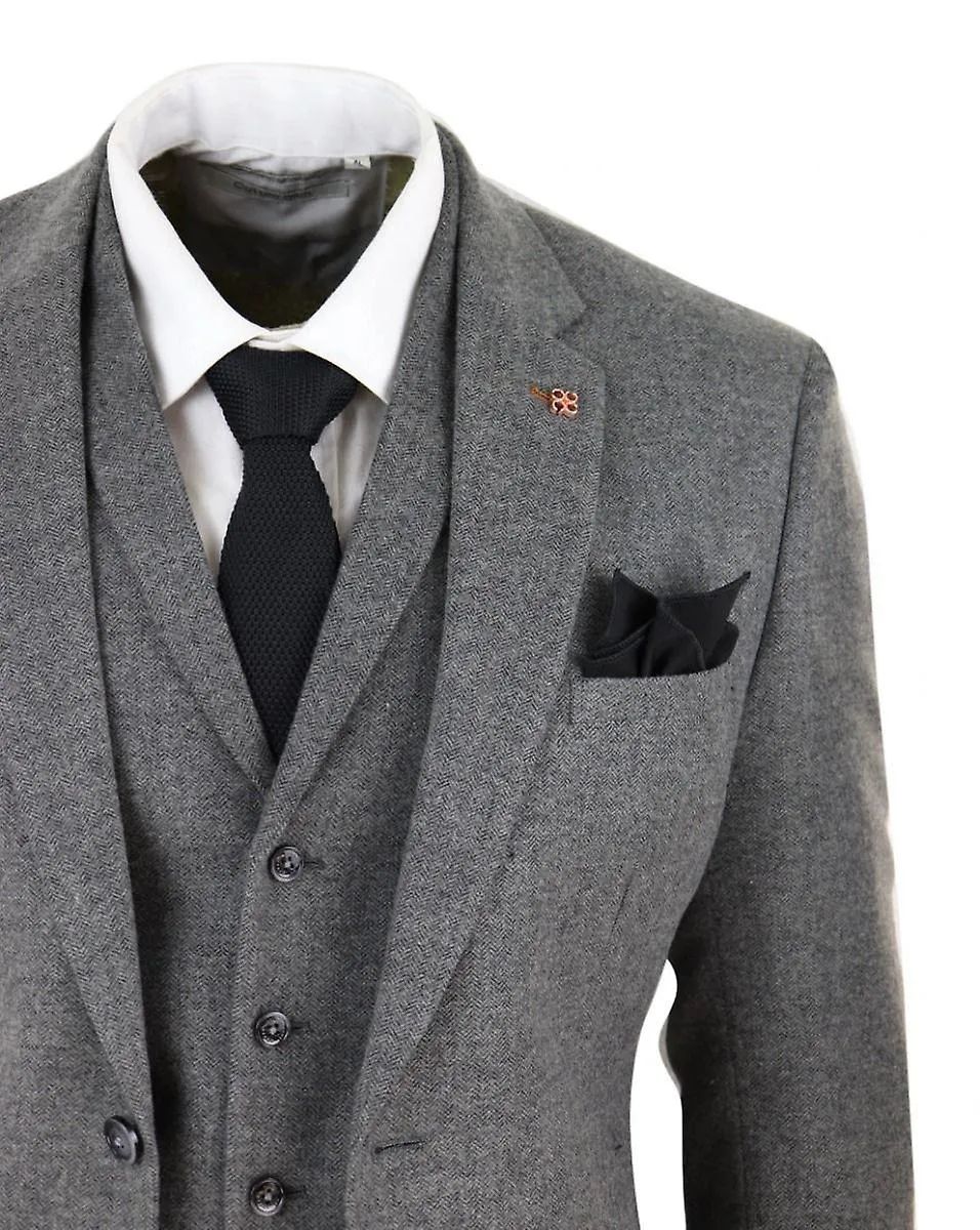 Mens 3 Piece Dark Grey Herringbone Wool Tweed Retro Suit