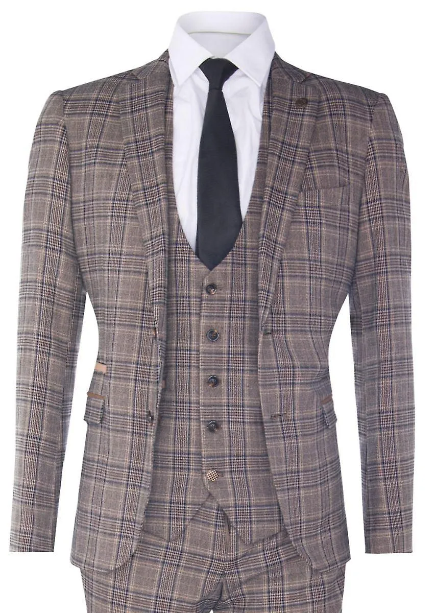 Mens 3 Piece Tan Brown Herringbone Check Suit