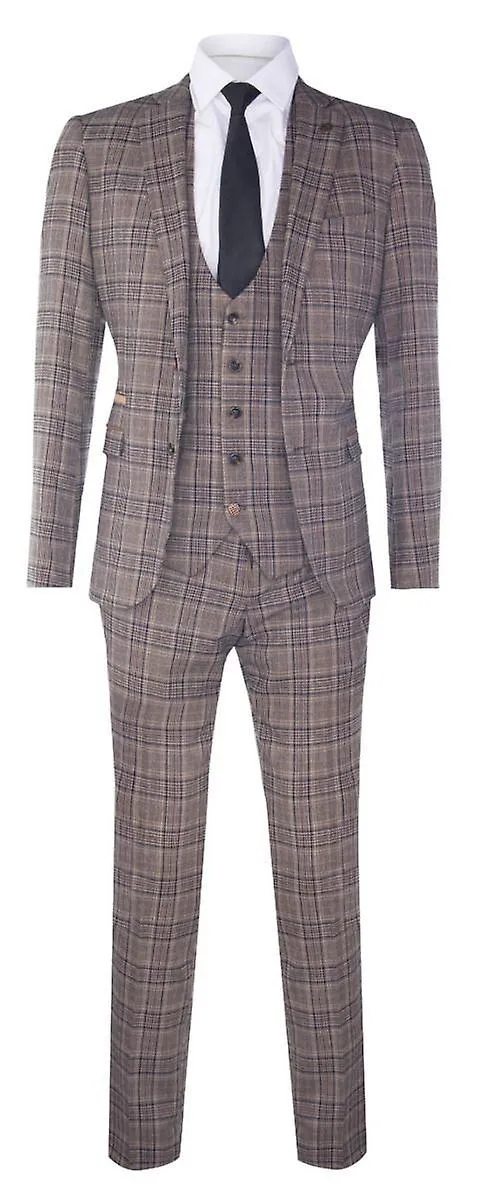 Mens 3 Piece Tan Brown Herringbone Check Suit