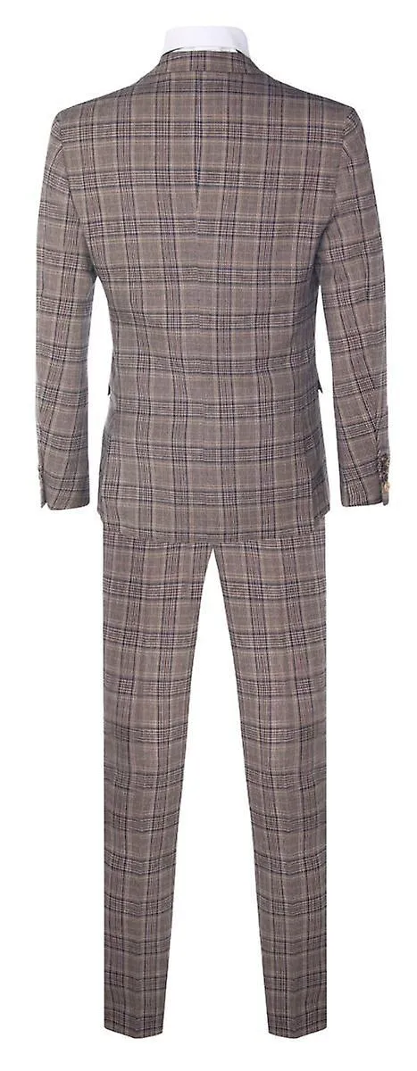 Mens 3 Piece Tan Brown Herringbone Check Suit