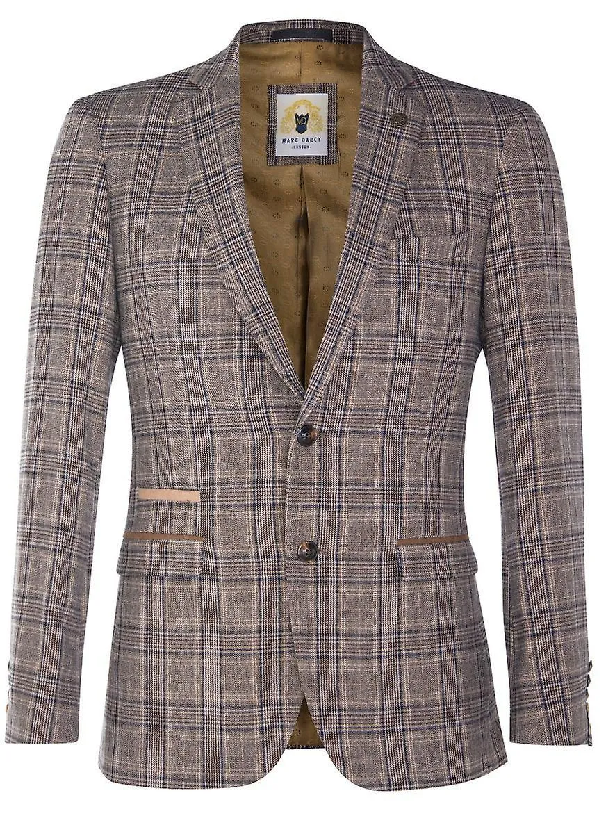 Mens 3 Piece Tan Brown Herringbone Check Suit