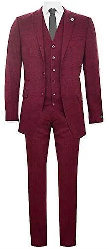 Mens 3 Piece Tweed Suit Wool Burgundy Black