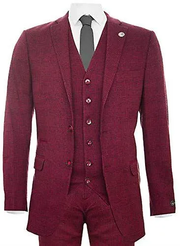 Mens 3 Piece Tweed Suit Wool Burgundy Black