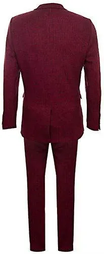 Mens 3 Piece Tweed Suit Wool Burgundy Black