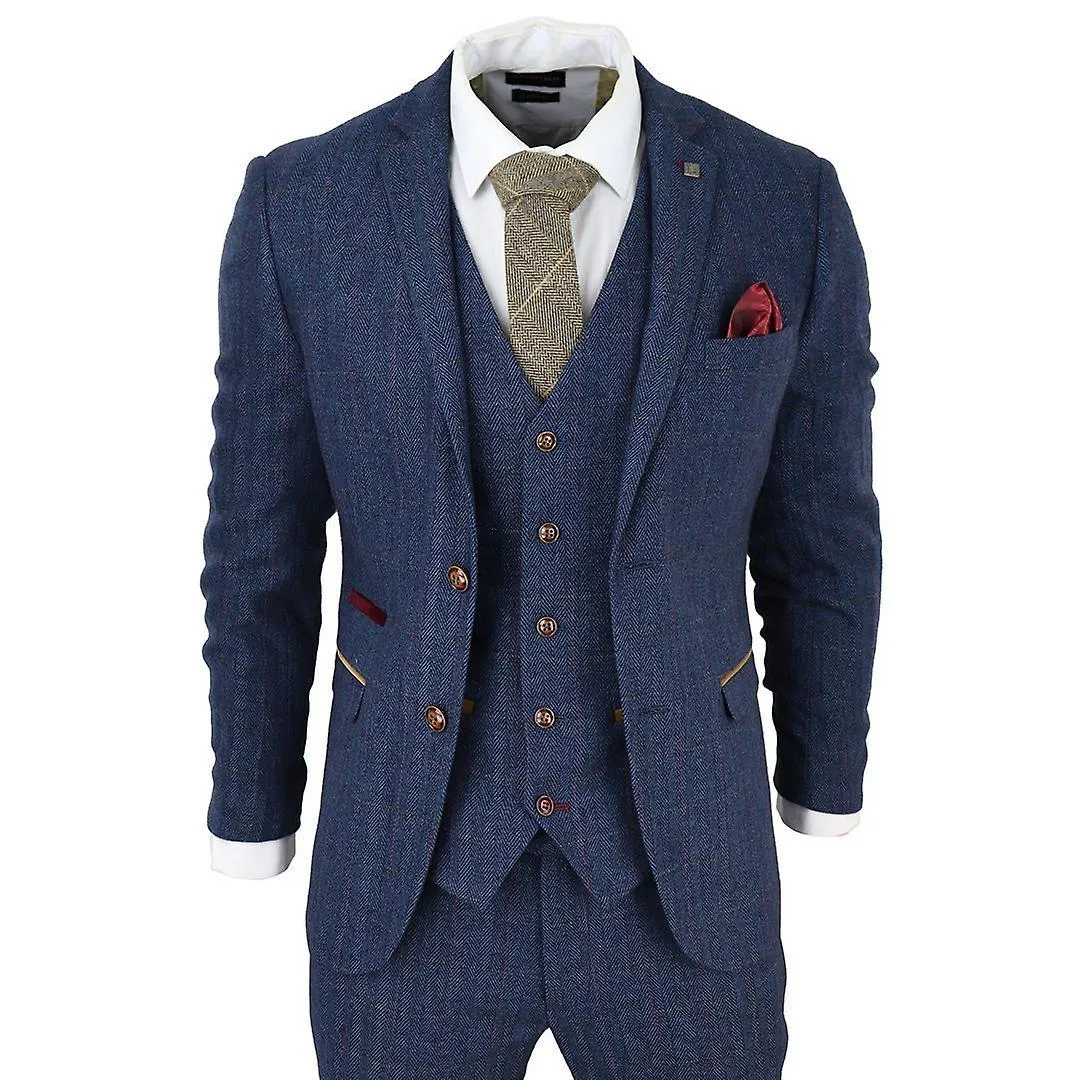 Mens Blue Tweed Check 3-Piece Suit