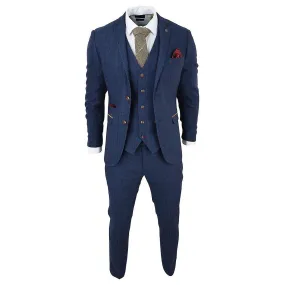 Mens Blue Tweed Check 3-Piece Suit