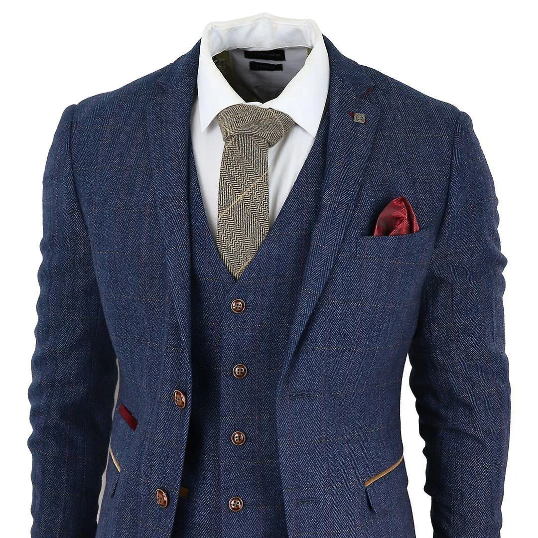 Mens Blue Tweed Check 3-Piece Suit