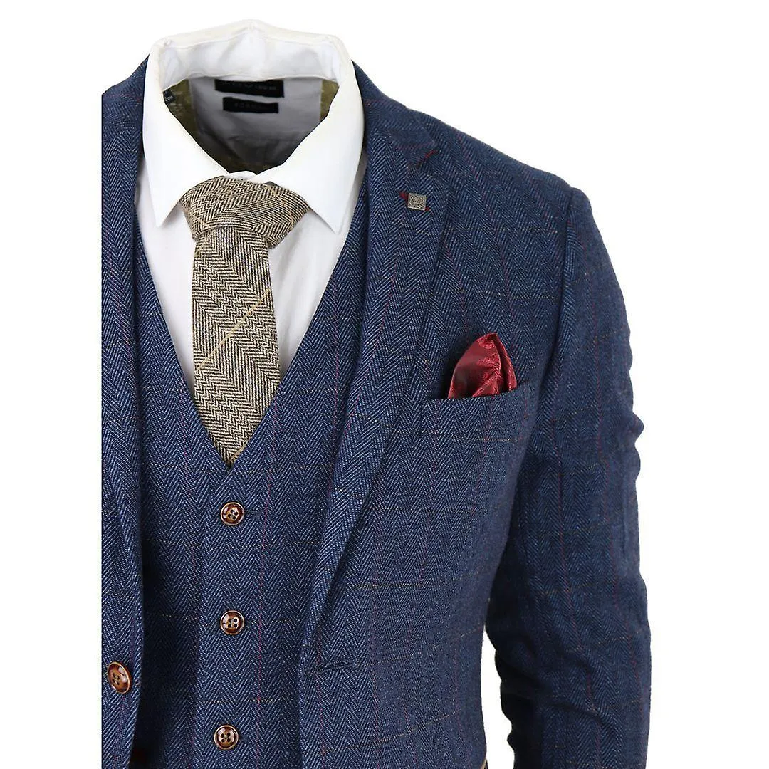 Mens Blue Tweed Check 3-Piece Suit