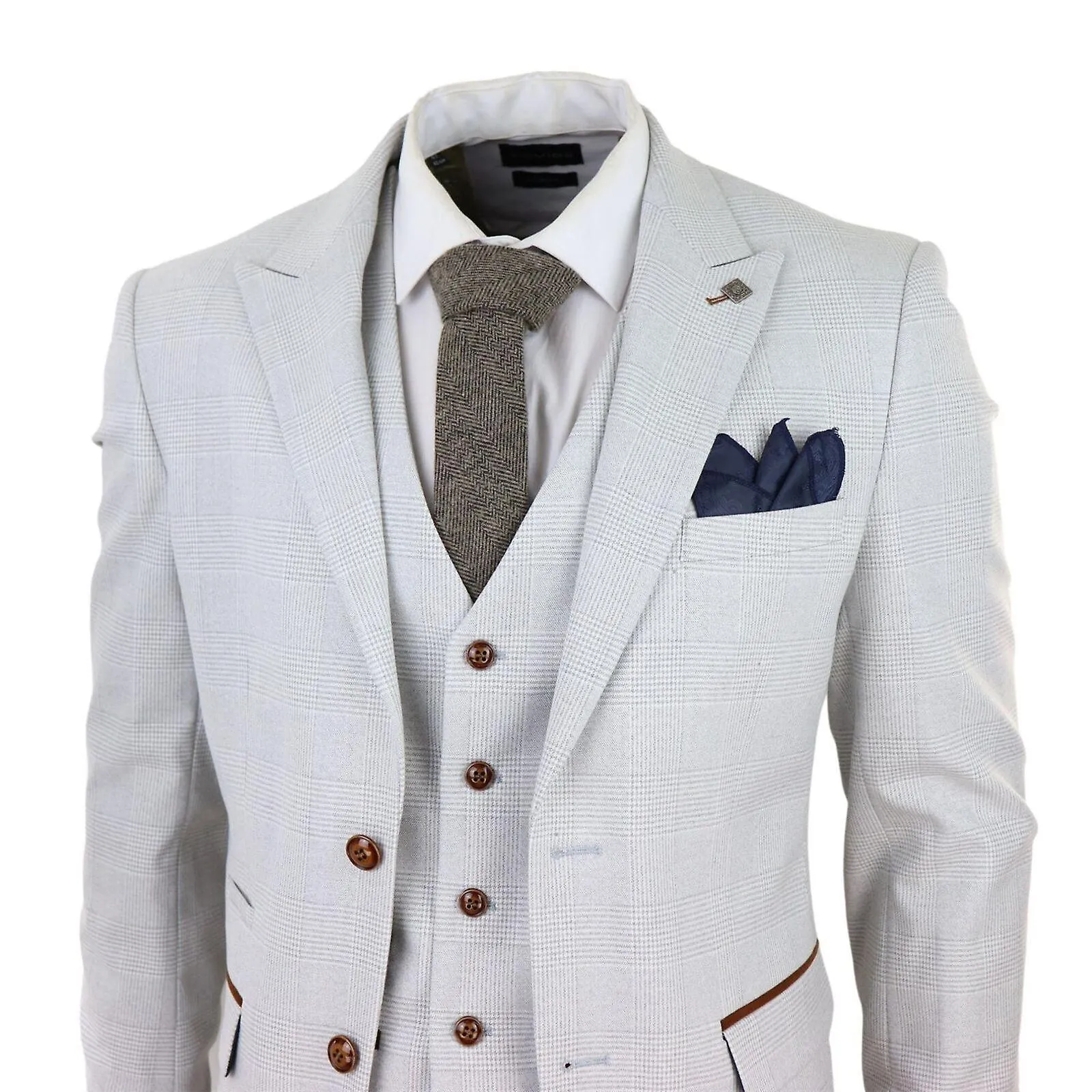 Mens Grey Stone 3 Piece Tweed Check Suit