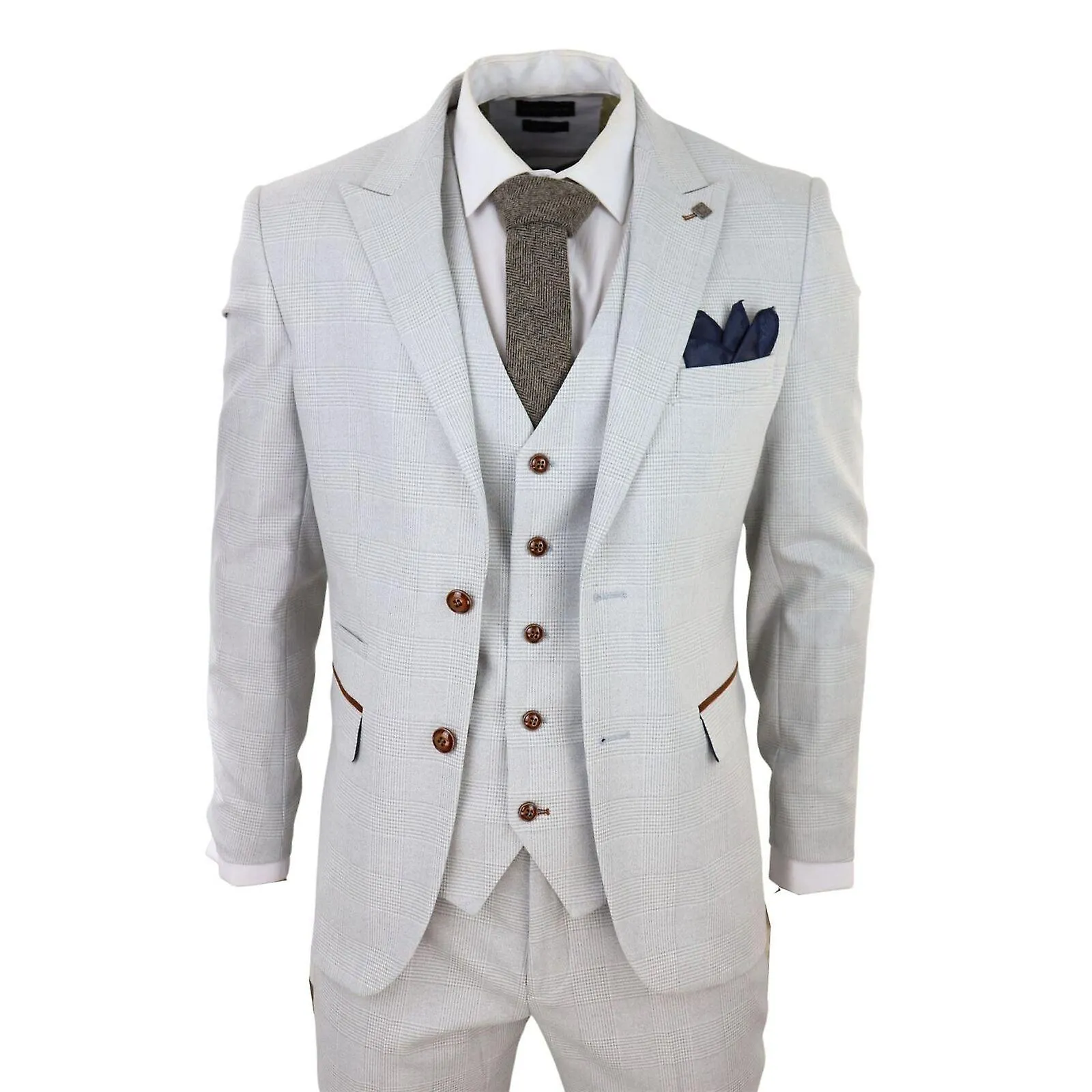 Mens Grey Stone 3 Piece Tweed Check Suit