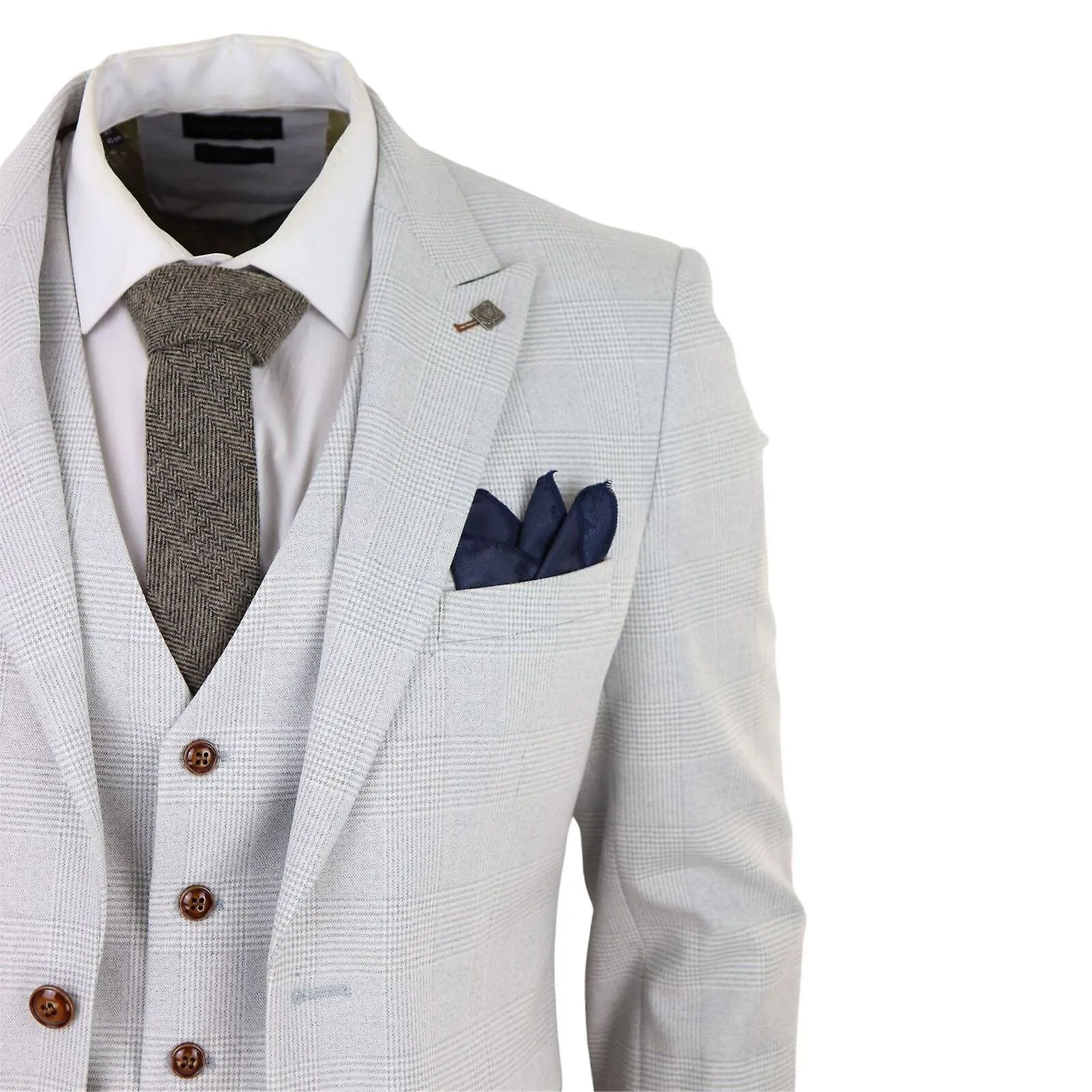 Mens Grey Stone 3 Piece Tweed Check Suit