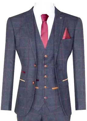 Mens Herringbone Tweed Suit 3 Piece Navy Blue Peaky Blinders 1920s Tailored Fit