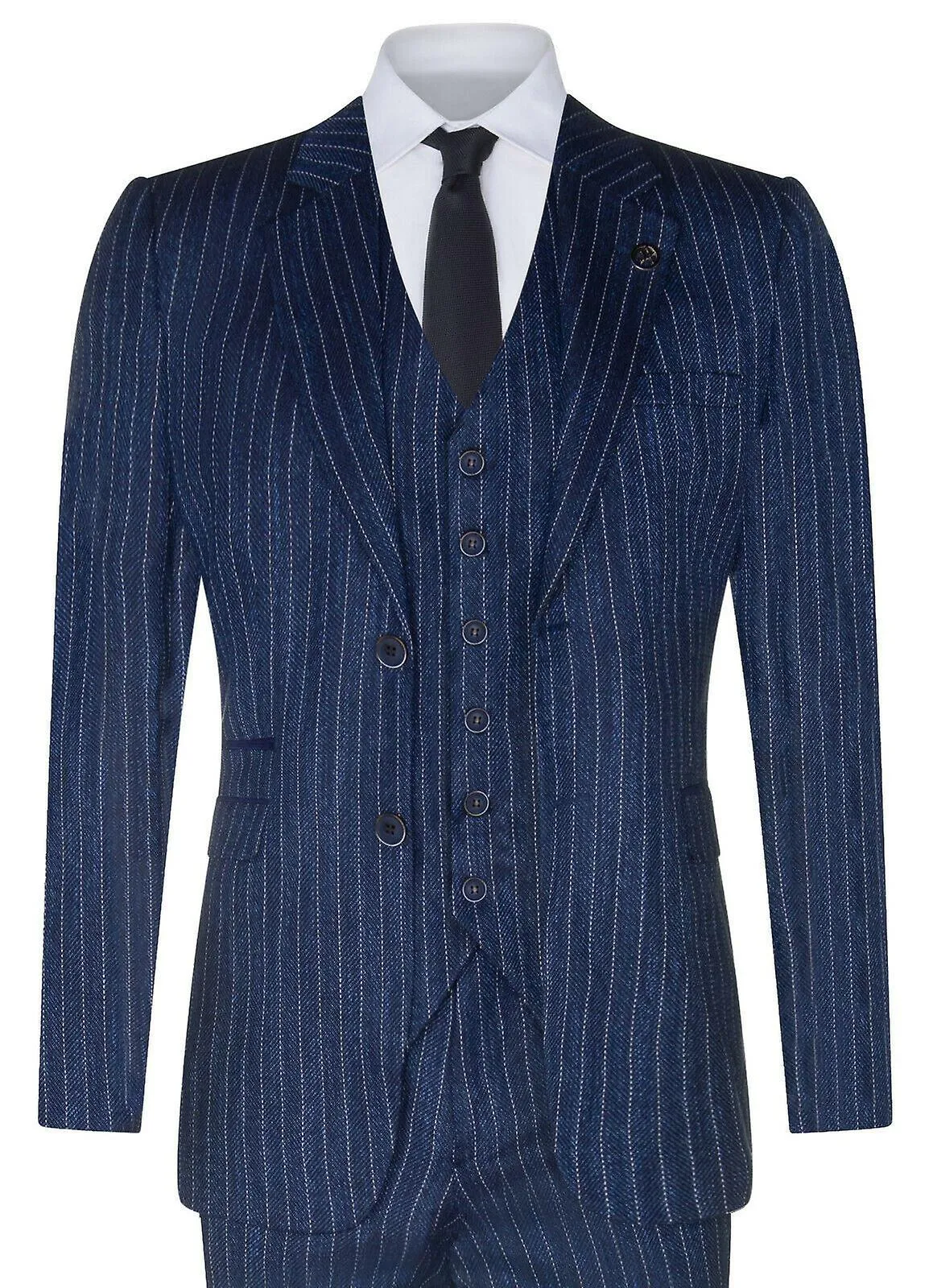 Mens Pinstripe 3 Piece Blue Tweed Herringbone Suit