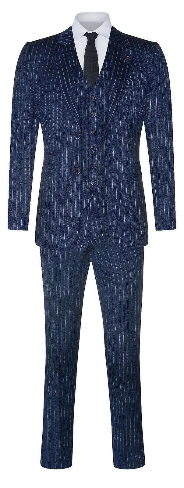 Mens Pinstripe 3 Piece Blue Tweed Herringbone Suit