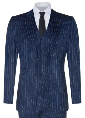 Mens Pinstripe 3 Piece Blue Tweed Herringbone Suit