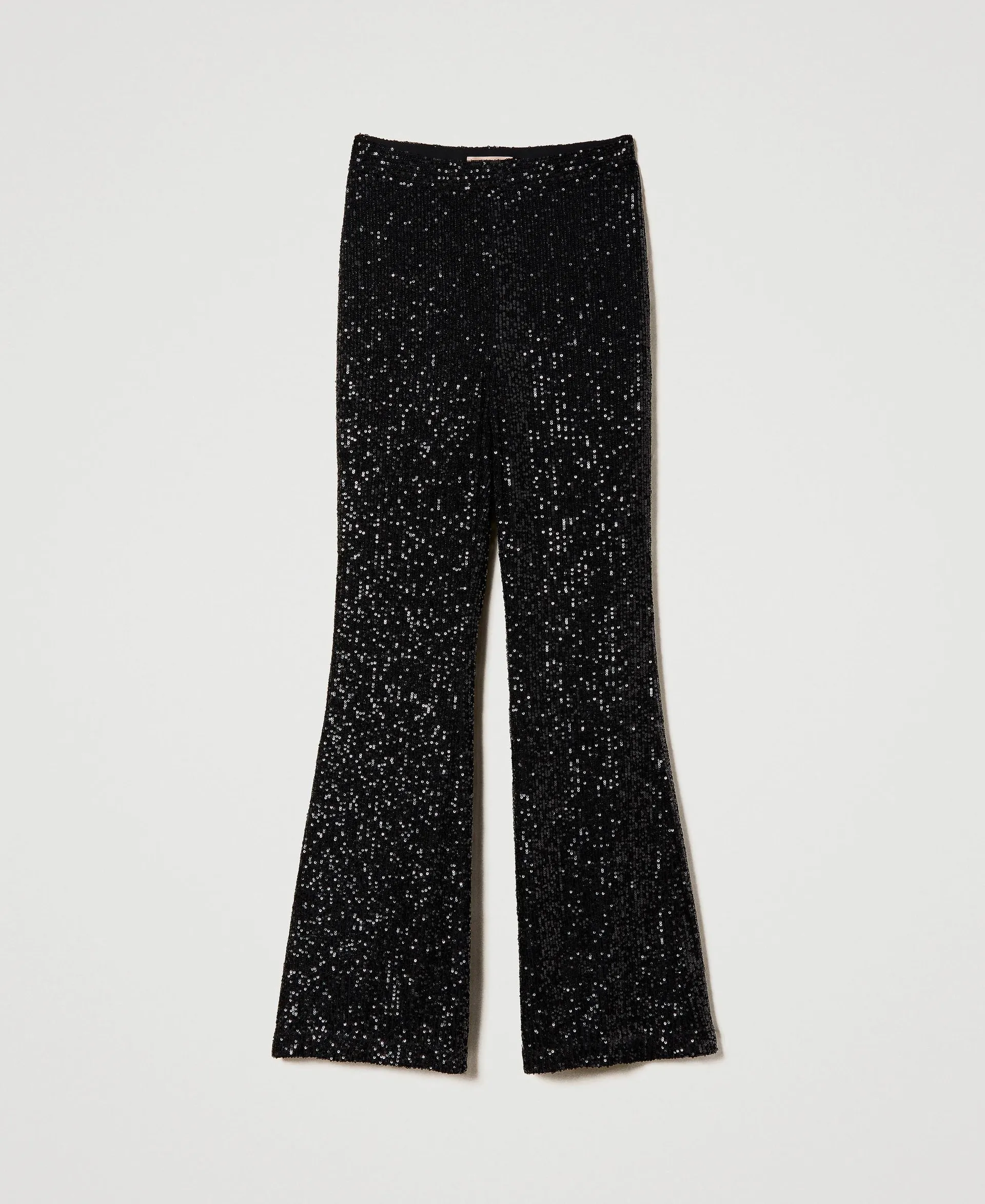 Pantalon évasé en tulle entièrement orné de sequins