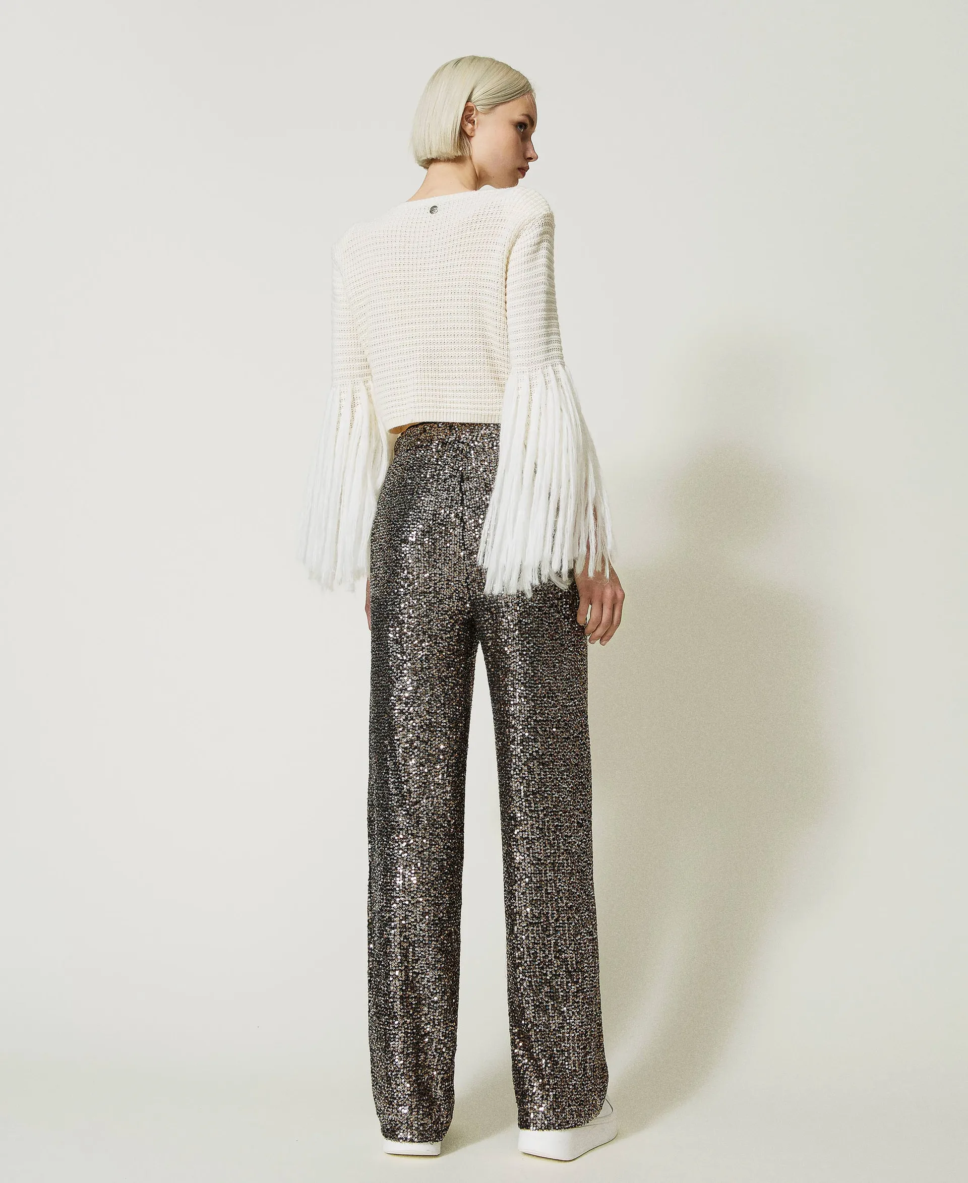 Pantalon palazzo entièrement orné de sequins