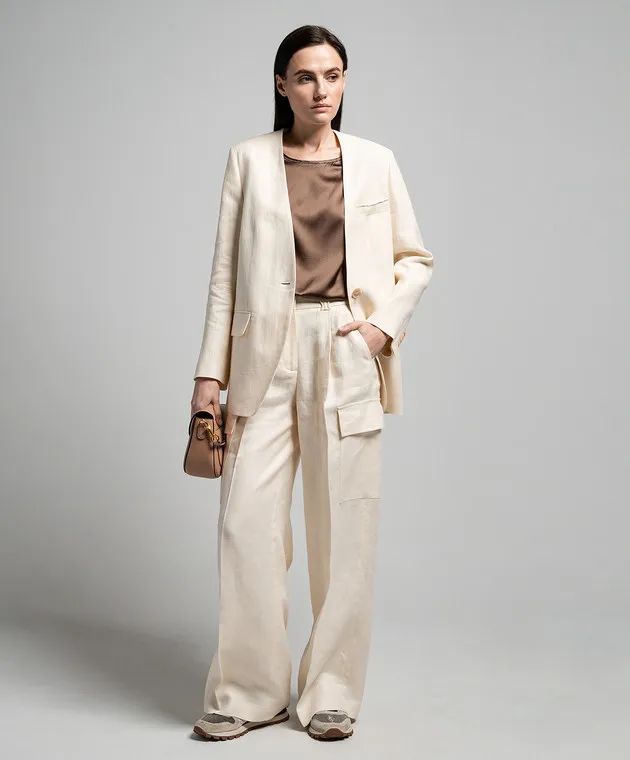 Peserico Beige linen jacket with monil chain