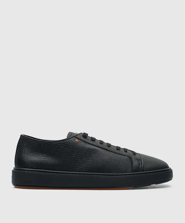 Santoni Black leather sneakers with textured logo