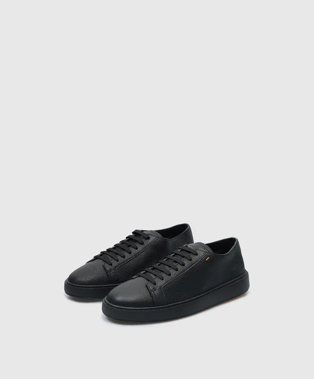 Santoni Black leather sneakers with textured logo