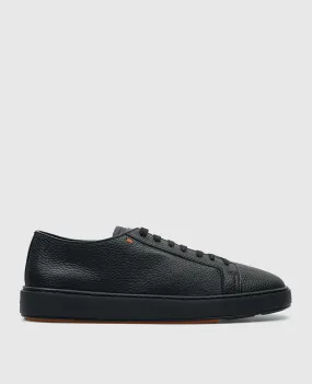 Santoni Black leather sneakers with textured logo