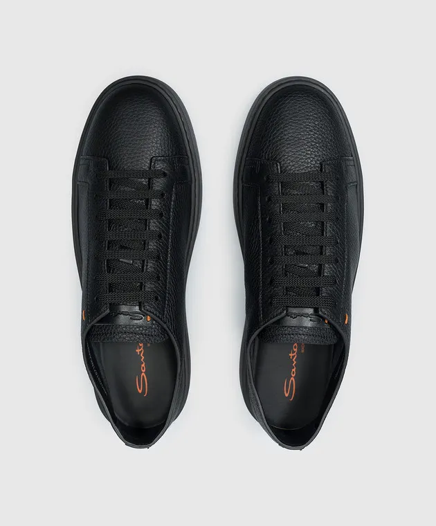 Santoni Black leather sneakers with textured logo