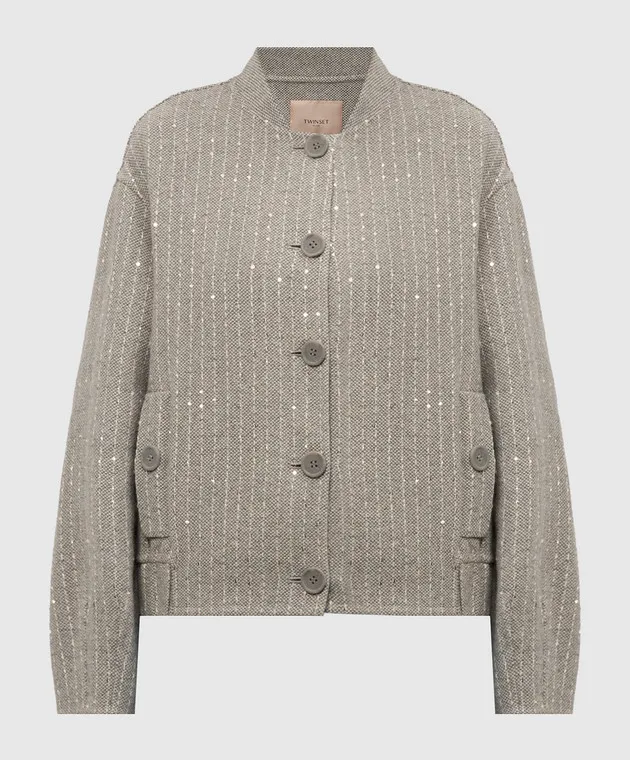 Twinset Gray bomber jacket with wool and sequins